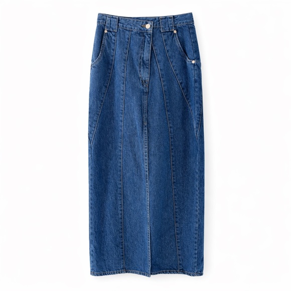 Cult Gaia Denim Midi Skirt Front Slit High Rise Blue Size 26 NWT - Picture 3 of 11